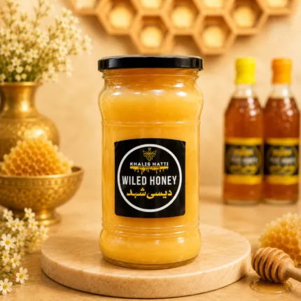 Khalis Hatti pure wild honey glass jar with honeycomb and honey dipper, 100% organic raw honey Pakistan