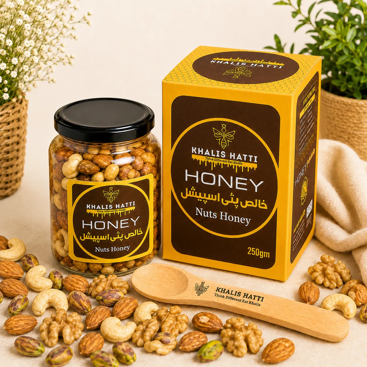 Khalis Hatti Nuts Honey 250g with Box and Wooden Spoon - Small Pack Organic Honey Pakistan