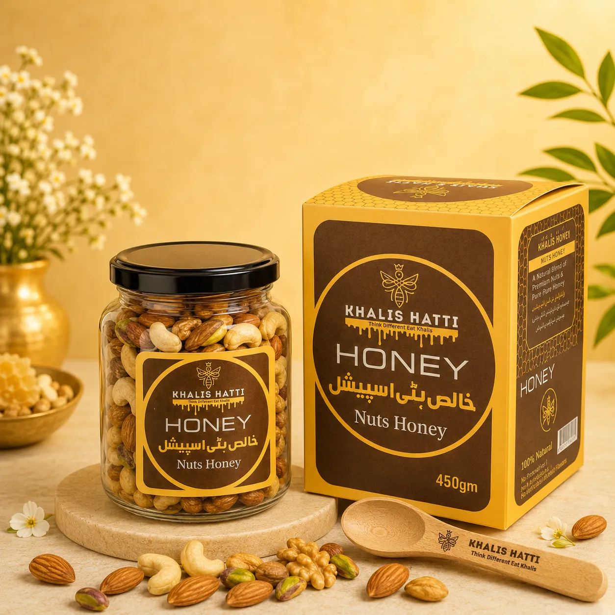 Khalis Hatti Nuts Honey 450g with Packaging Box - Premium Organic Honey Gift Pack Pakistan